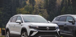 Biały SUV Volkswagen zaparkowany w lesie na tle drzew