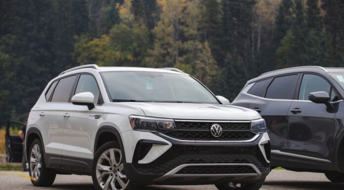 Biały SUV Volkswagen zaparkowany w lesie na tle drzew
